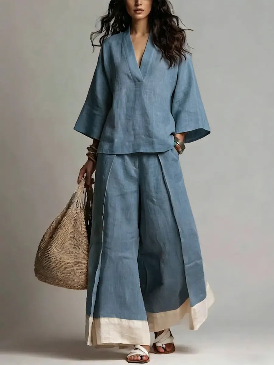 Ensemble chemise col V manches trois-quarts et pantalon large contrastant pour femme