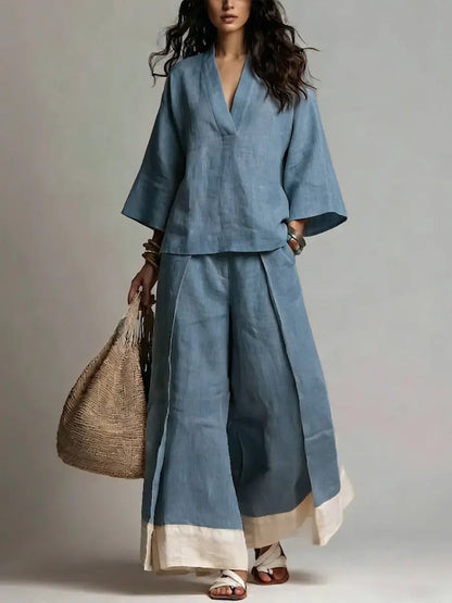 Ensemble chemise col V manches trois-quarts et pantalon large contrastant pour femme