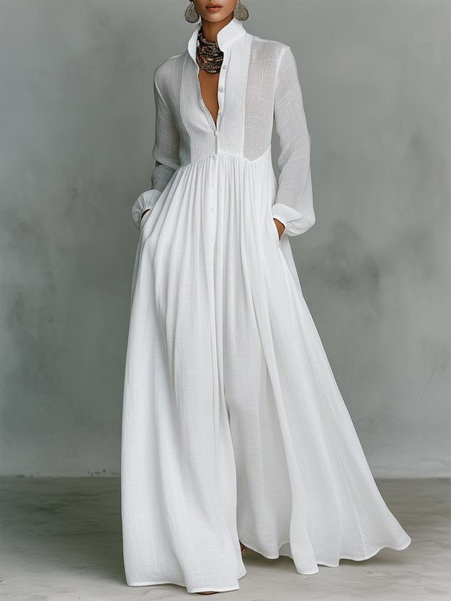 Casual cotton and linen maxi dress, high waist, stand-up collar, for everyday wear