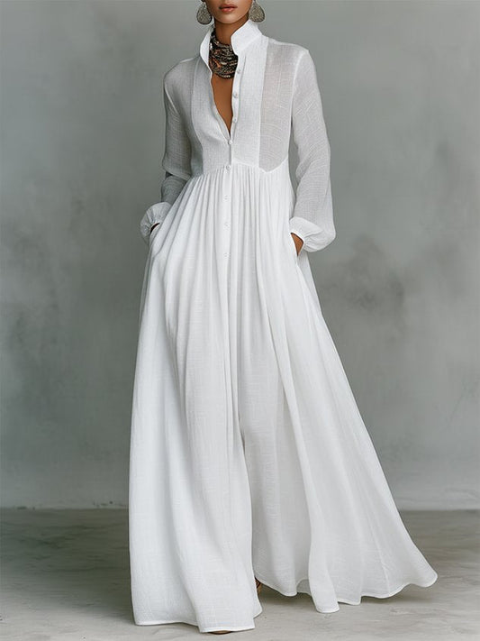 Casual cotton and linen maxi dress, high waist, stand-up collar, for everyday wear