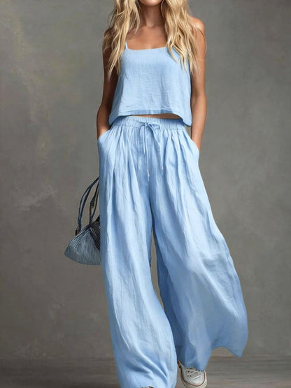 Ensemble pantalon large et haut à bretelles en coton et lin décontracté de couleur unie