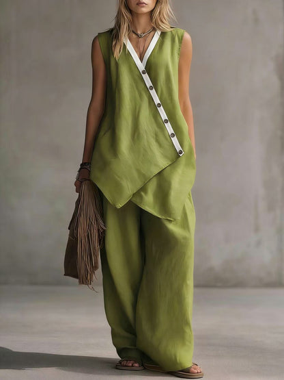 Ensemble décontracté gilet boutonné irrégulier col en V et pantalon large de style bohème