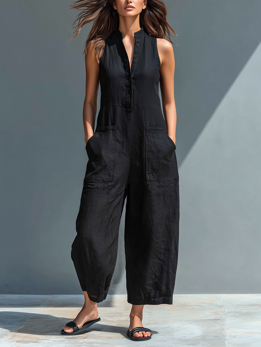 Combinaison sans manches ample boutonnée à col montant en mélange de lin minimaliste pour femme
