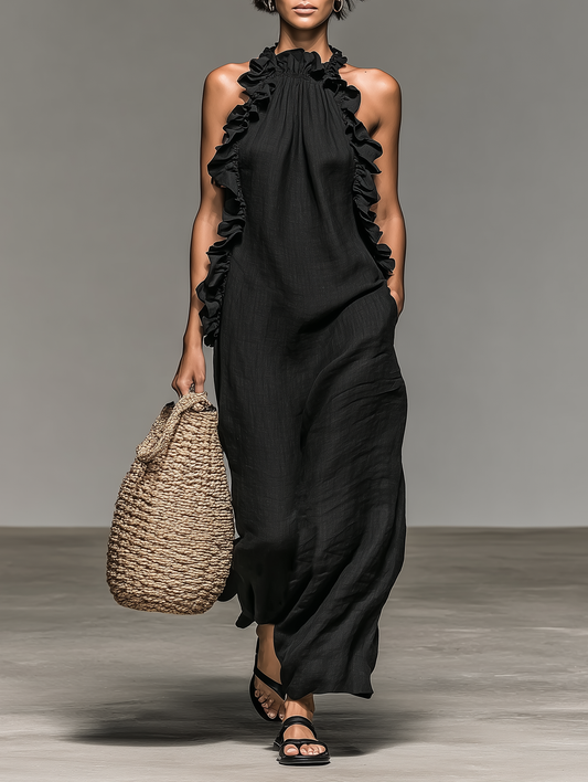 Robe longue sans manches minimaliste en mélange de lin pour femme avec détails à volants