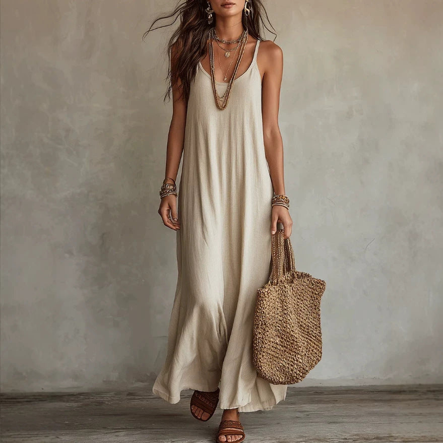 Robe longue ample à fines bretelles en lin texturé
