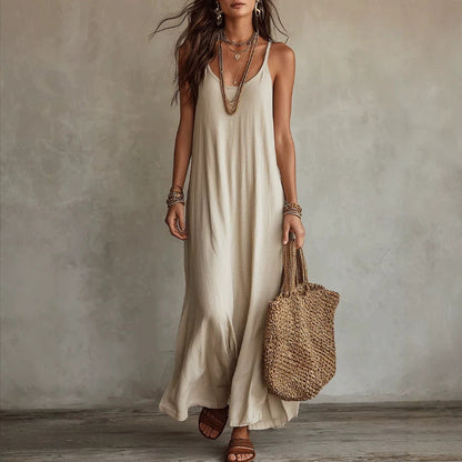 Robe longue ample à fines bretelles en lin texturé