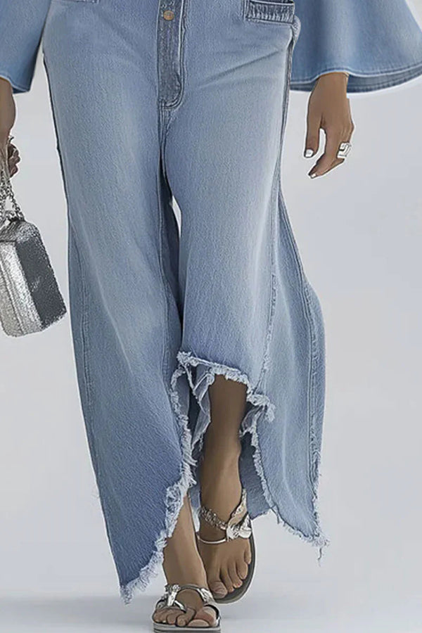 Combinaison décontractée en jean à manches cloche et boutonnage simple et stylé