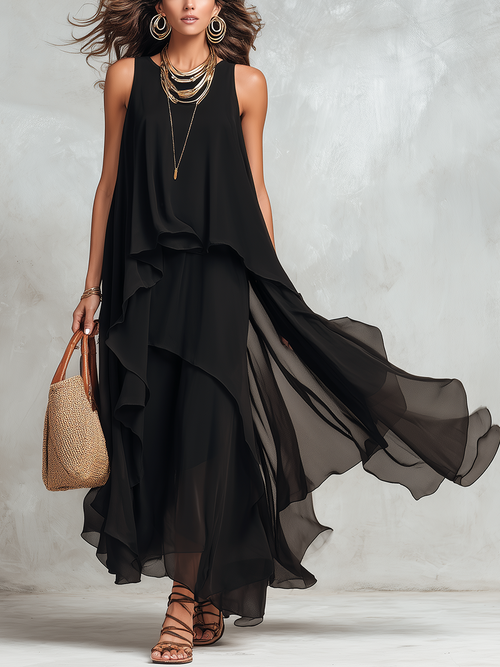 Robe longue bohème en mousseline de soie noire à étages