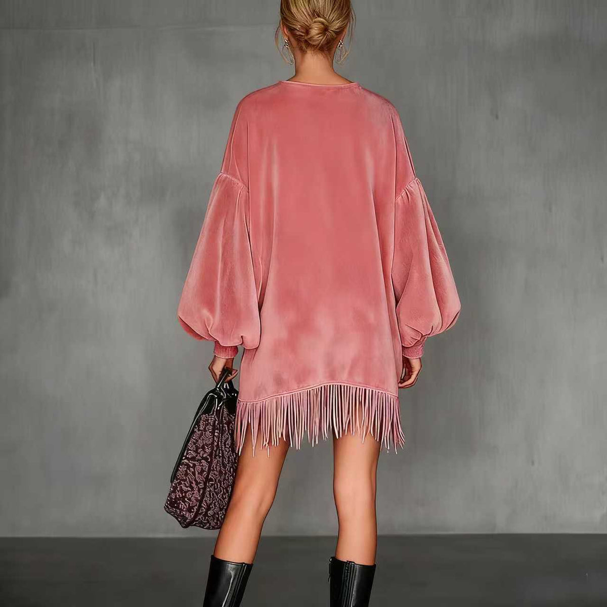 Robe rétro en velours rose pour femme, col montant, à franges