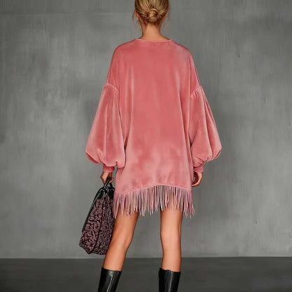 Robe rétro en velours rose pour femme, col montant, à franges