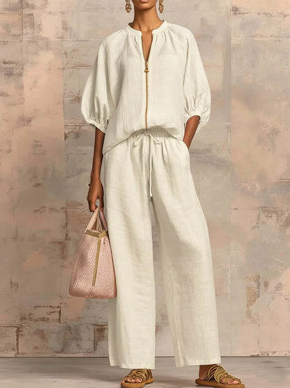 New arrival🔥 Two-piece linen and cotton set: stylish and comfortable zipped shirt and wide-leg trousers