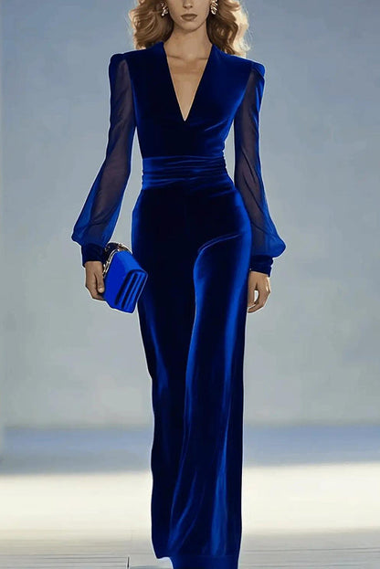 Robe ajustée élégante en velours uni à col V et manches longues