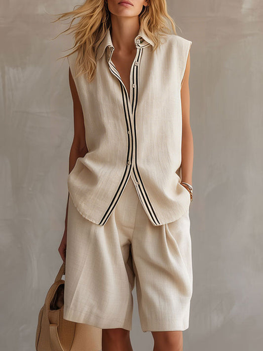 Women's Apricot Striped Cotton-Linen Sleeveless Shirt and Shorts Set