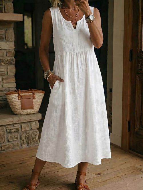 Robe Femme Sans Manches en Coton et Lin à Col en V