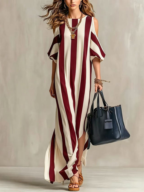 Robe longue ample fendue à rayures verticales et épaules dénudées
