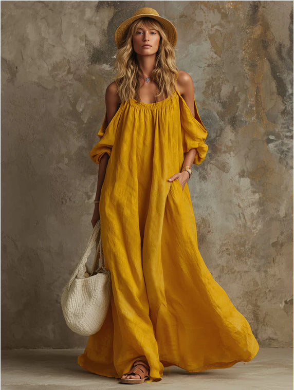 Robe longue caftan fluide blanche à manches bouffantes épaules dénudées avec poches