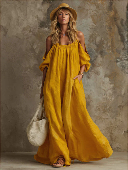 Robe longue caftan fluide blanche à manches bouffantes épaules dénudées avec poches