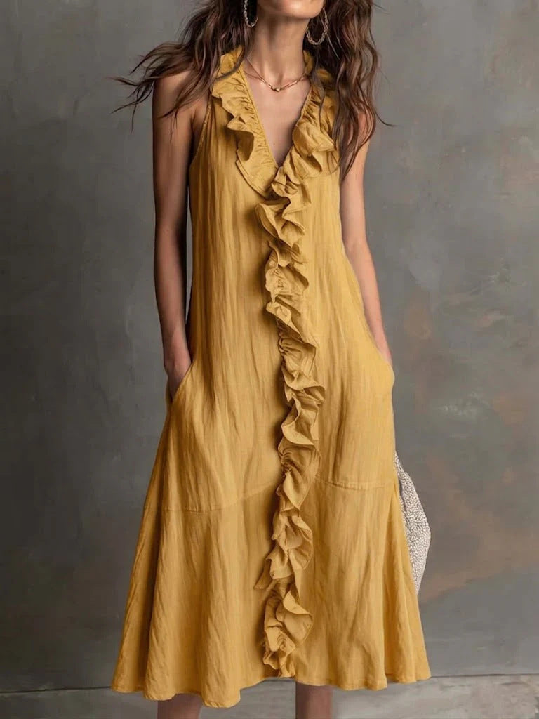 🌿 Robe midi sans manches à col en V volanté