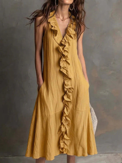 🌿 Robe midi sans manches à col en V volanté