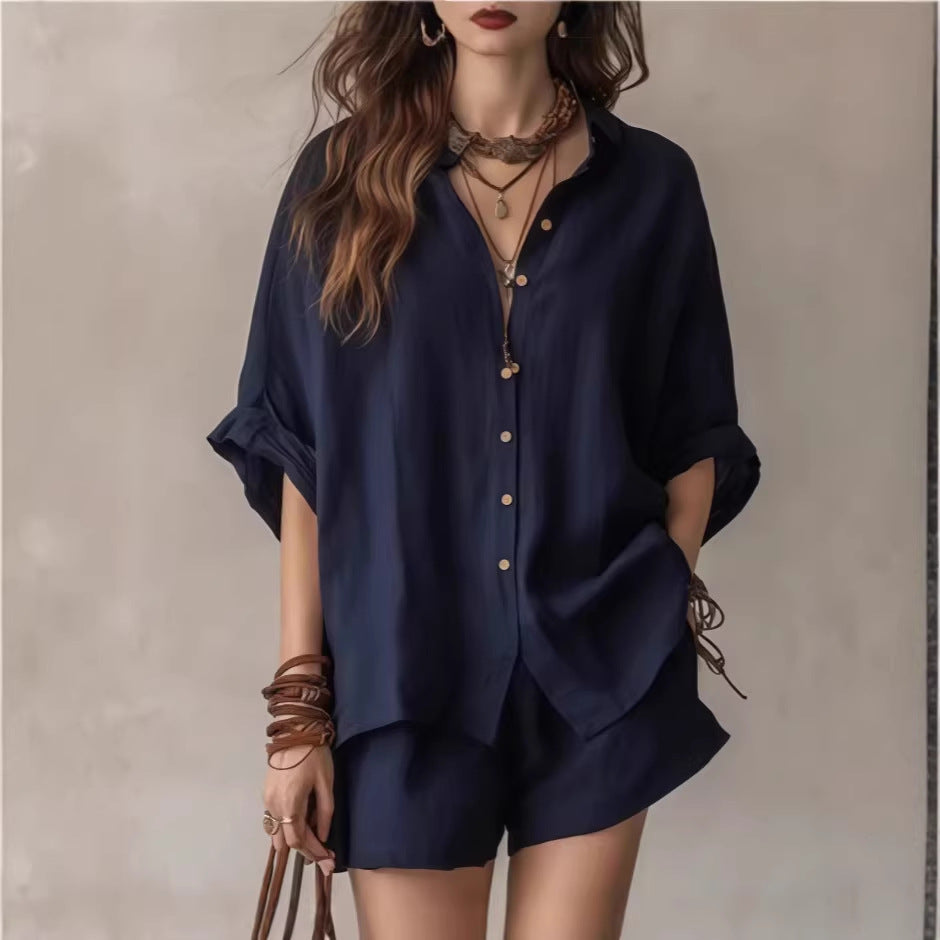Ensemble chemise boutonnée et short oversize en mélange de lin | Tenue décontractée deux pièces respirante pour femme