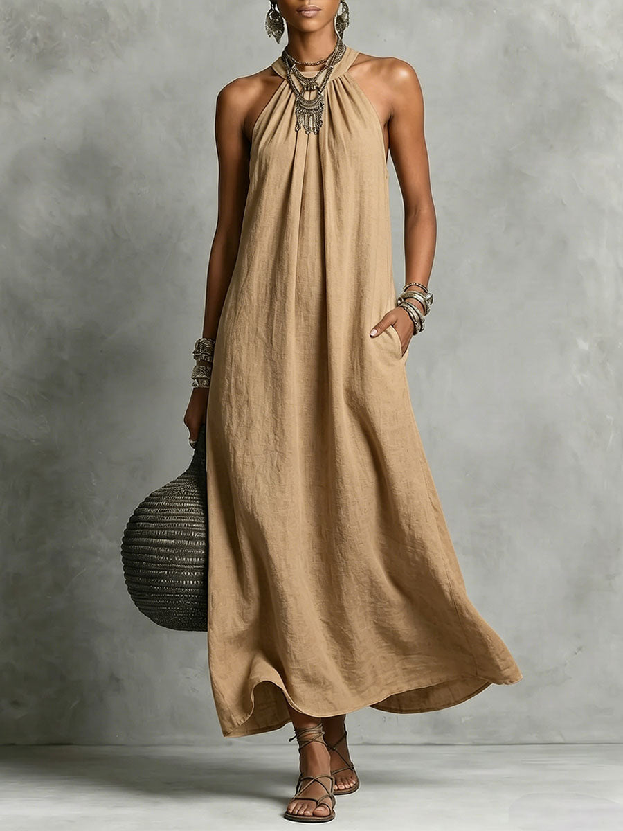 Robe sans manches en coton-lin pour femme avec encolure ronde et dos nu