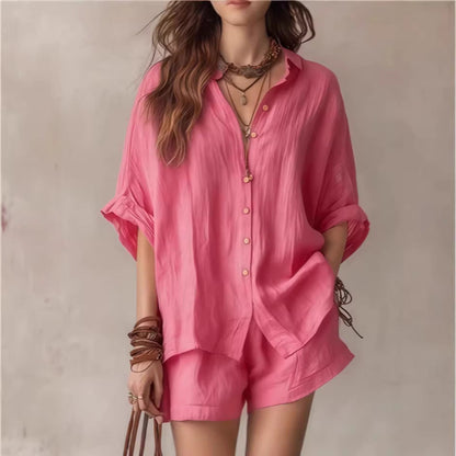 Ensemble chemise boutonnée et short oversize en mélange de lin | Tenue décontractée deux pièces respirante pour femme