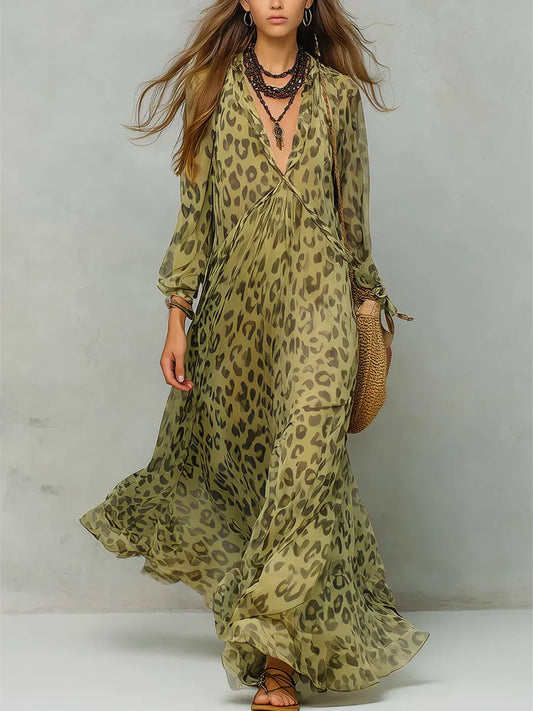 Robe longue décontractée et élégante pour femme à imprimé léopard rétro