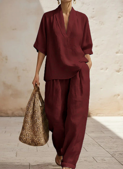 Nouvel arrivage🔥 Ensemble deux pièces décontracté, confortable et minimaliste en lin pour femme