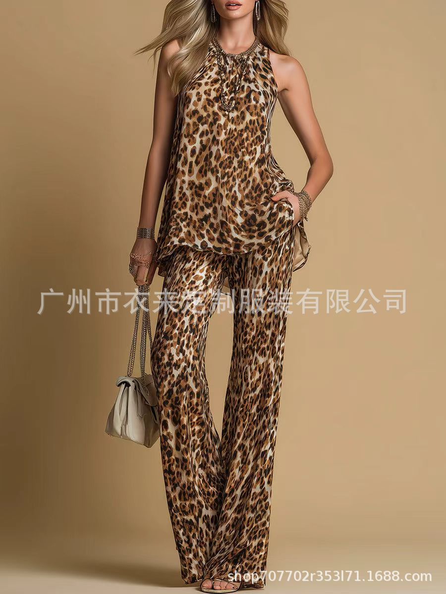 Ensemble assorti 2 pièces: Débardeur dos nu à strass imprimé léopard et pantalon taille haute coupe large