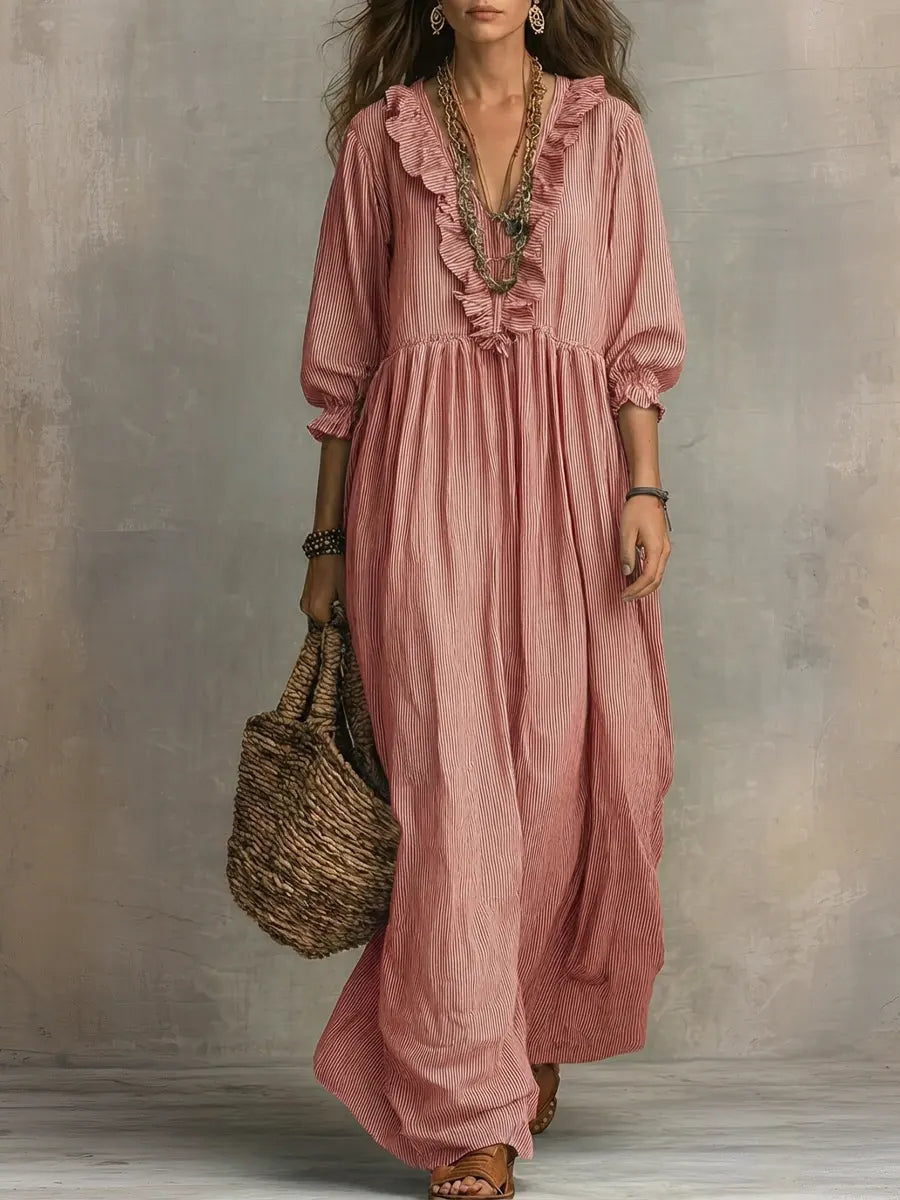 Robe longue de vacances chic décontractée à imprimé rayé et volants pour femme