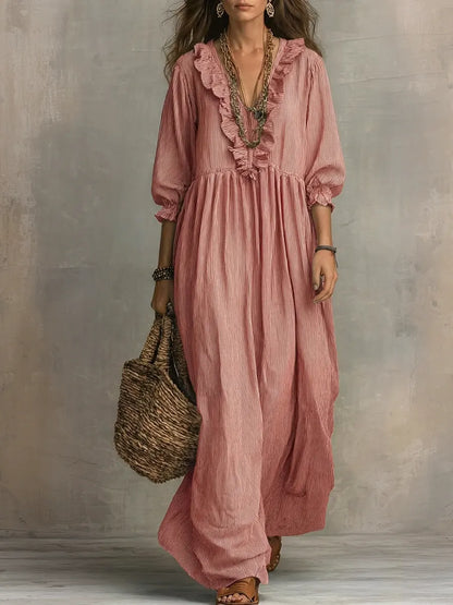 Robe longue de vacances chic décontractée à imprimé rayé et volants pour femme