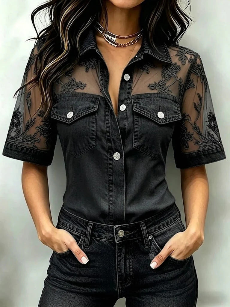 Chemise en jean maille dentelle florale