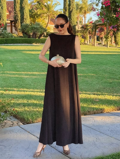 Robe décontractée tissée sans manches à col rond unie vintage