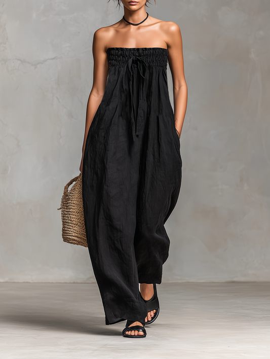 Women's Minimalist Loose Linen Blend Strapless Jumpsuit with Tie Closure