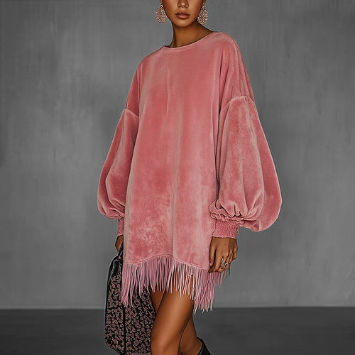 Robe rétro en velours rose pour femme, col montant, à franges