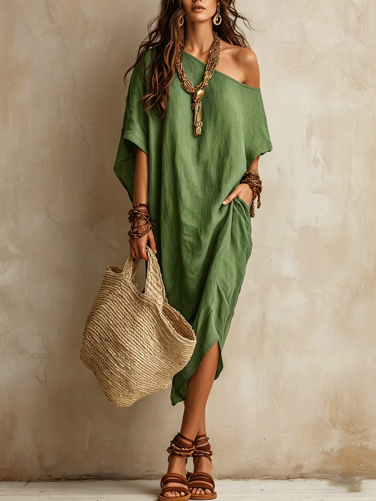 Robe femme coton et lin asymétrique ample manches chauve-souris mi-longue fendue pour les vacances