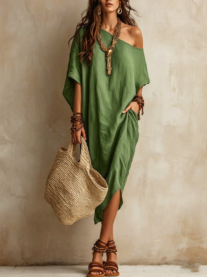 Robe femme coton et lin asymétrique ample manches chauve-souris mi-longue fendue pour les vacances