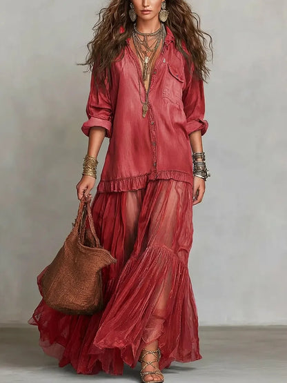 Robe longue décontractée en jean organza patchwork style rétro à revers pour femmes