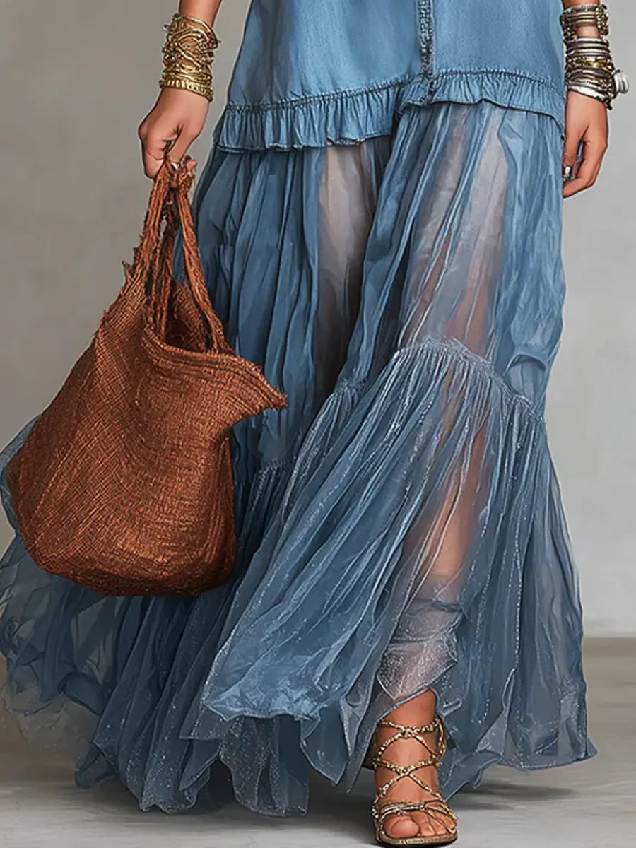 Robe longue décontractée en jean organza patchwork style rétro à revers pour femmes