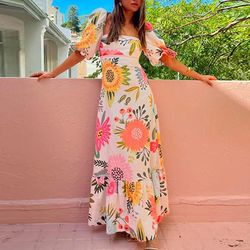 Looking for the Sunshine floral print square neck puff sleeve maxi dress