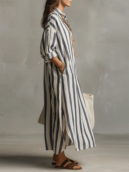 Robe rayée en lin et coton décontractée et confortable