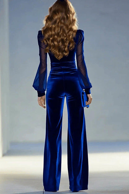 Robe ajustée élégante en velours uni à col V et manches longues