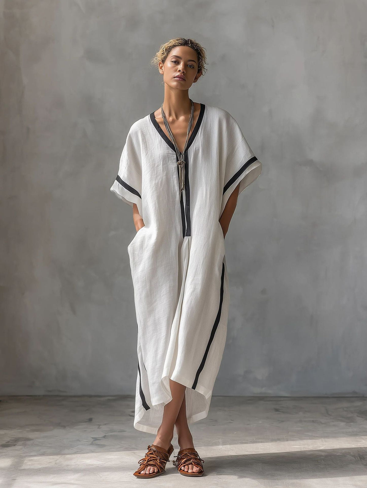 Linen blend V-neck caftan dress