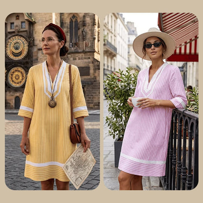 Robe Bohème Rayée Col V Manches Courtes