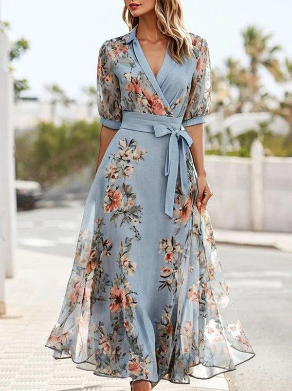 Blue short-sleeved V-neck midi dress