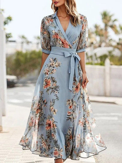 Blue short-sleeved V-neck midi dress