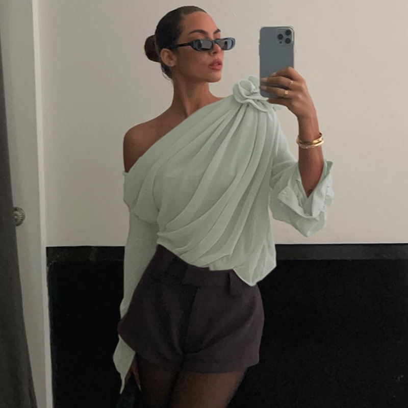 One-shoulder asymmetric blouse in semi-sheer chiffon