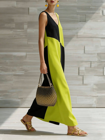 Robe longue sans manches color block