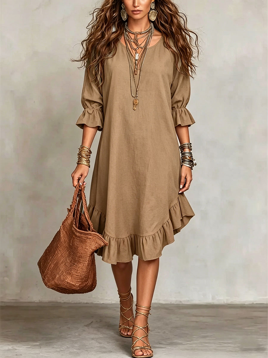 Robe courte à manches courtes en lin et coton pour femme, coupe ample, col rond à volants