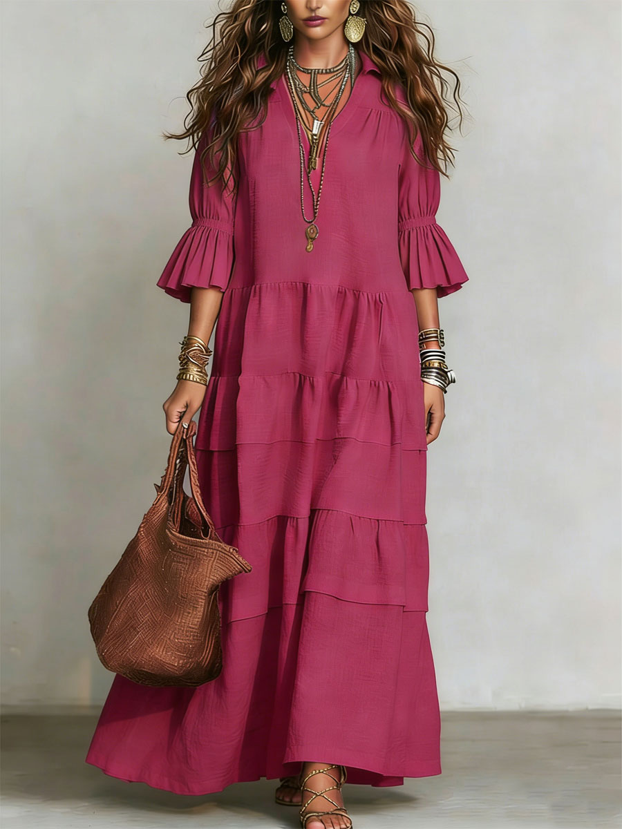 Robe décontractée à manches courtes en lin et coton, coupe ample